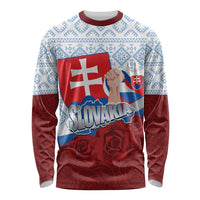 Unisex long sleeve shirt with Slovak flag map graphic and blue folk pattern