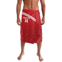 Red patterned football shorts with elastic waistband, front graphic, and white stripe accents