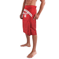 Red football shorts with front number graphic, white stripes, and knee-length drape