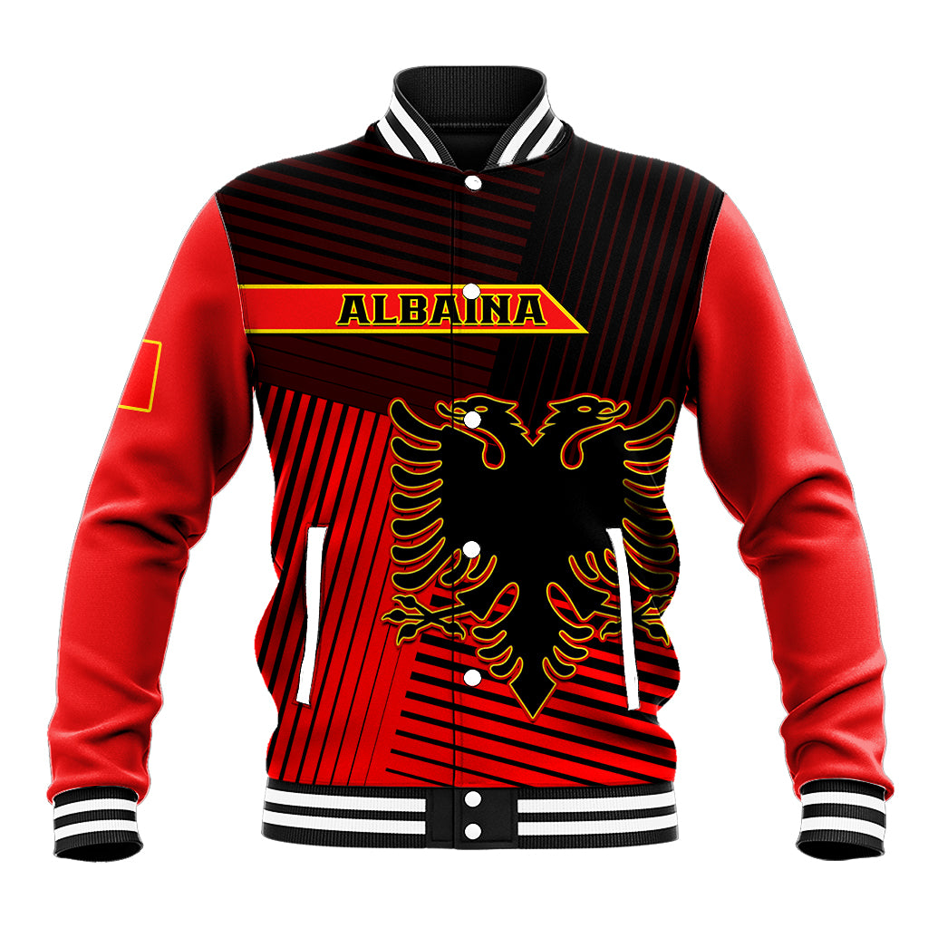 Red and black baseball jacket with front crest and striped graphic