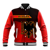 Red and black baseball jacket with front crest and striped graphic