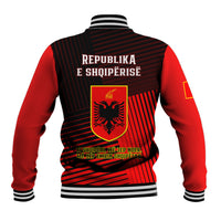 Red and black baseball jacket with back text and shield crest