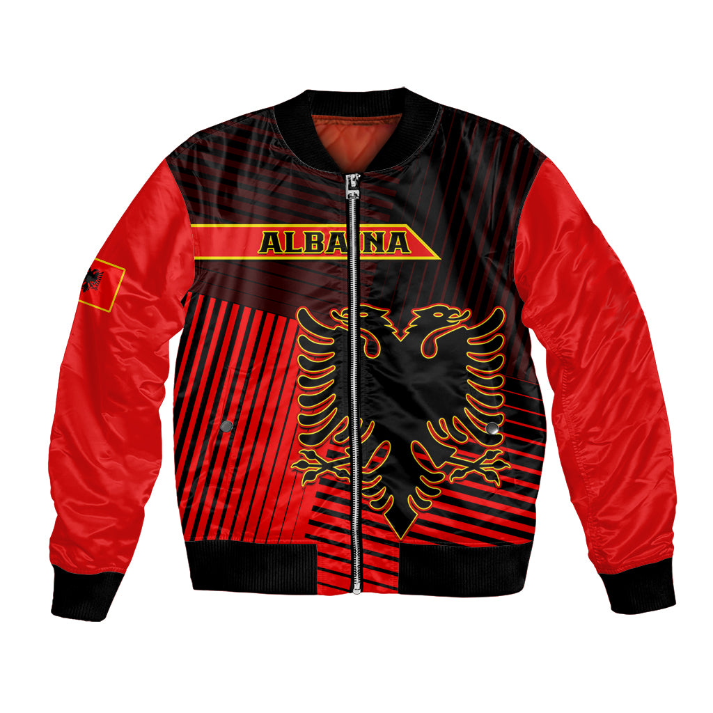 Red and black bomber jacket with Albania crest, zip-front and ribbed cuffs