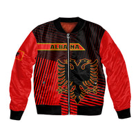 Red and black bomber jacket with Albania crest, zip-front and ribbed cuffs