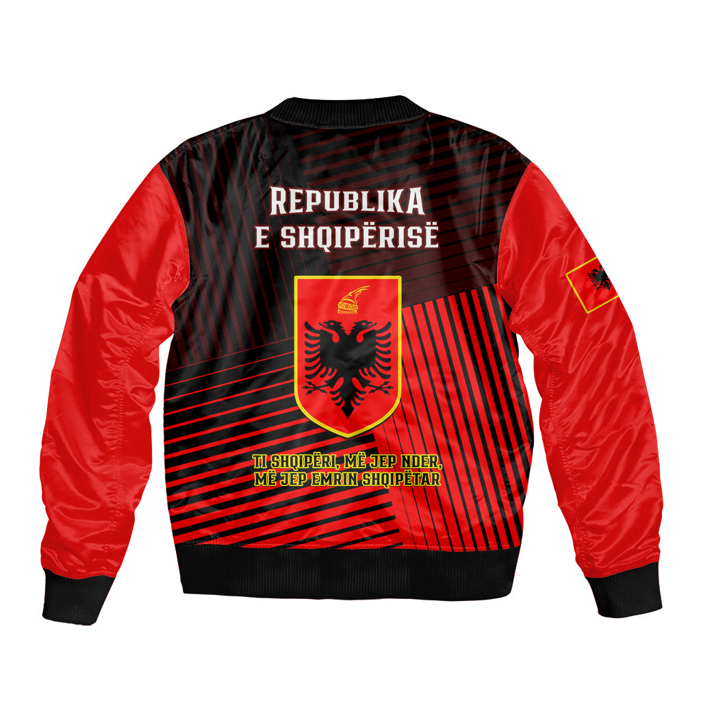 Red and black bomber jacket with REPUBLIKA E SHQIPERISE back text and crest