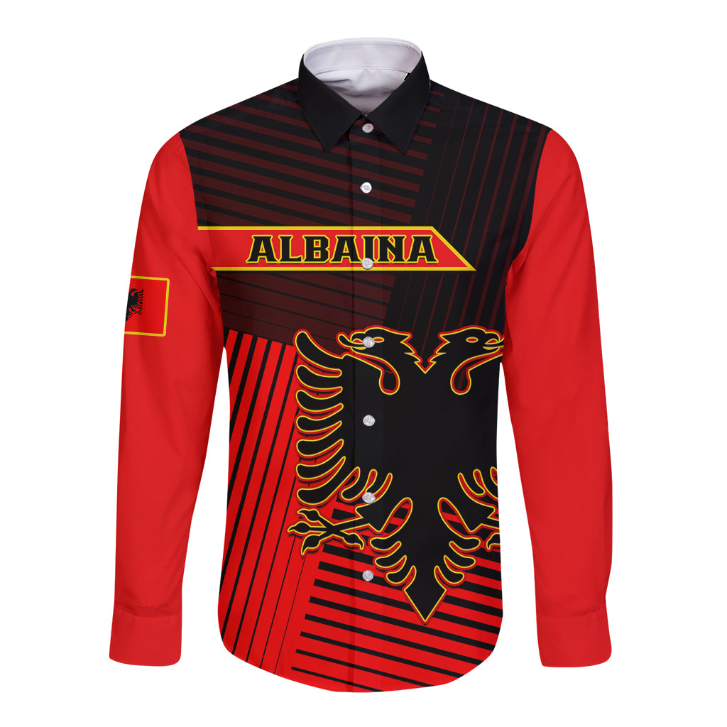 Albania Long Sleeve Button Shirt Coat Of Arms Dynamic Style - Wonder Print Shop