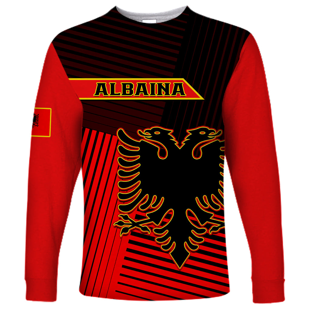Red long-sleeve shirt with ALBAINA banner and gold coat of arms graphic