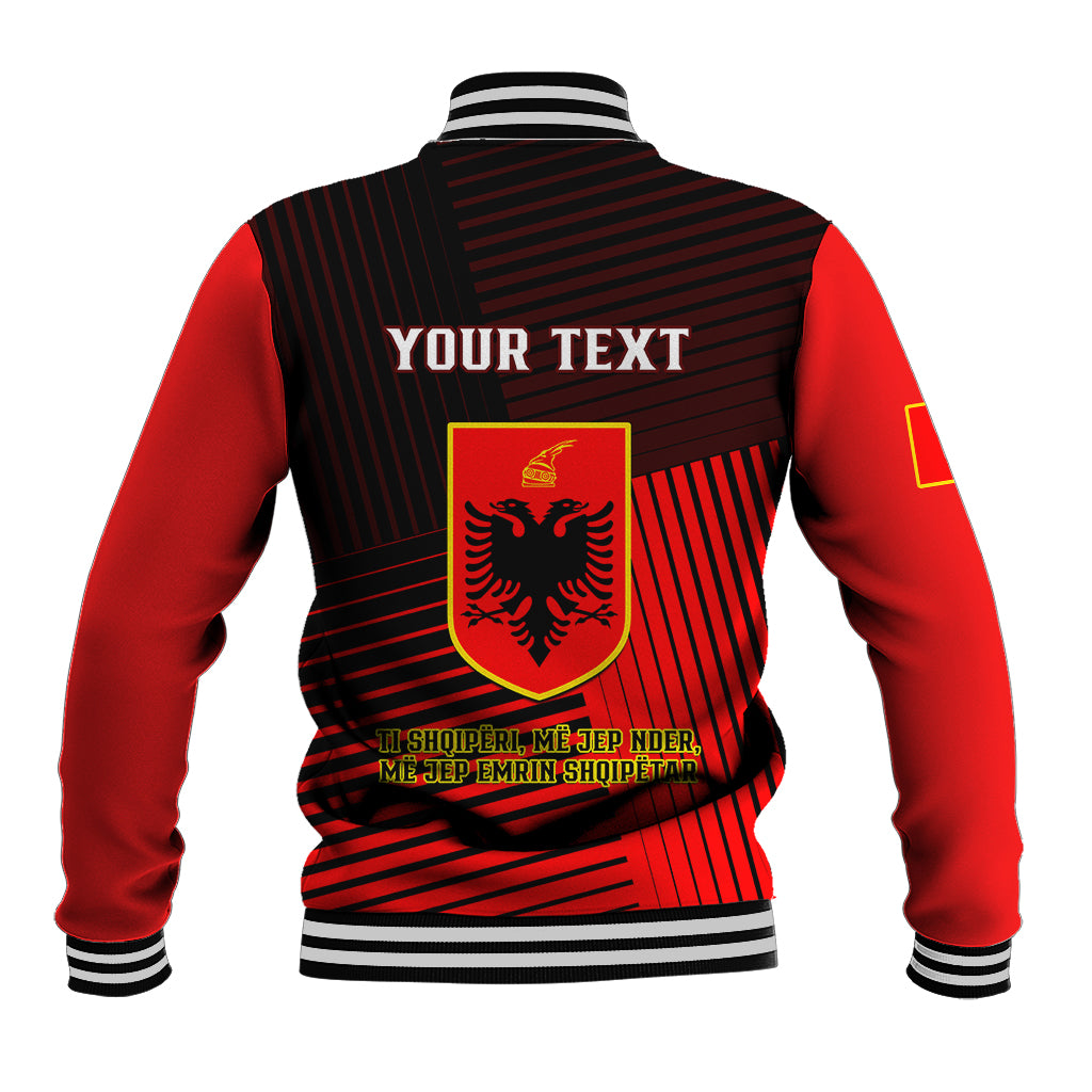 Red and black striped baseball jacket with back 'YOUR TEXT' panel and crest