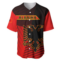 Red and black Albania baseball jersey with crest, striped pattern, button front
