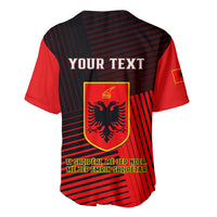 Red and black baseball jersey back with YOUR TEXT, crest shield and striped hem