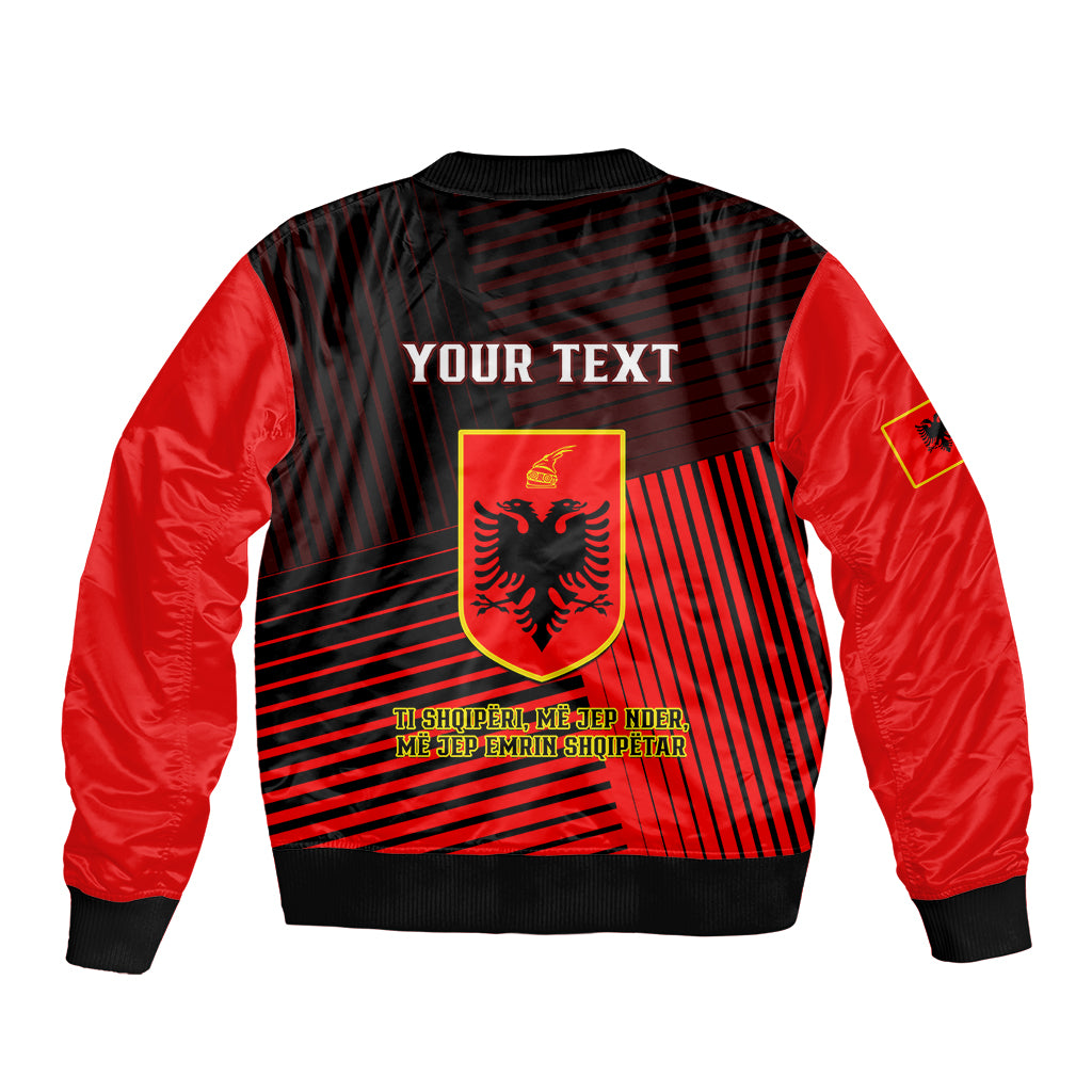 Red and black bomber jacket with rear crest and "YOUR TEXT" panel, full zip