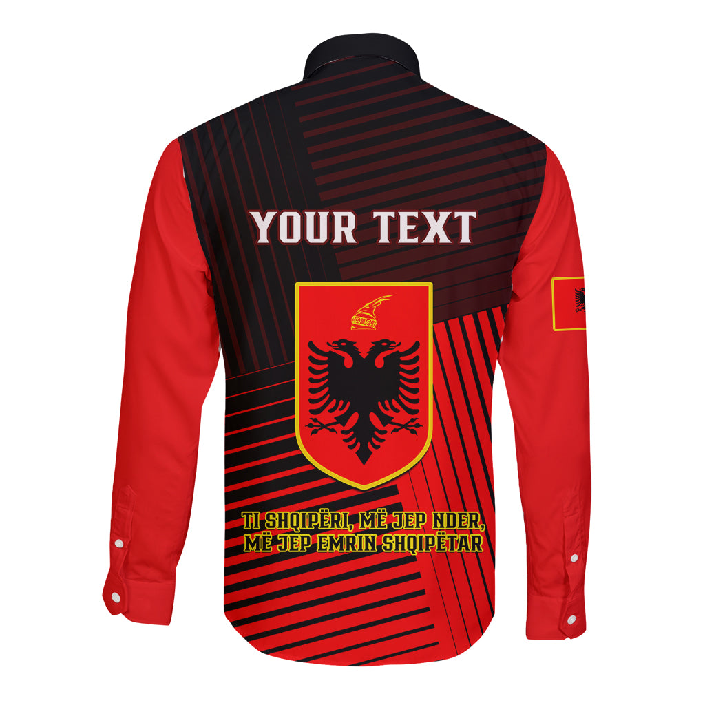 Long sleeve button shirt, striped back with crest and 'YOUR TEXT' panel; red sleeves