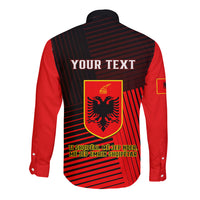 Long sleeve button shirt, striped back with crest and 'YOUR TEXT' panel; red sleeves