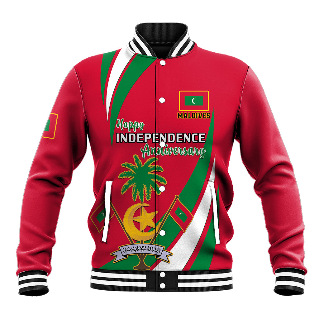 Red unisex baseball jacket with striped ribbed collar and front Independence graphic