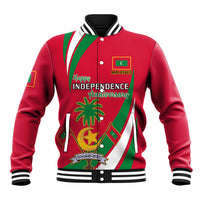 Red unisex baseball jacket with striped ribbed collar and front Independence graphic