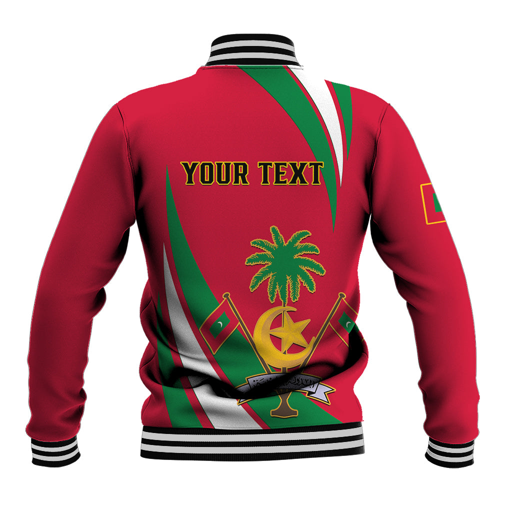 Red unisex baseball jacket back view with striped hem and palm-themed independence graphic