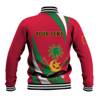 Red unisex baseball jacket back view with striped hem and palm-themed independence graphic