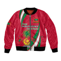 Red unisex bomber jacket with black rib trim and Independence Anniversary graphic patch