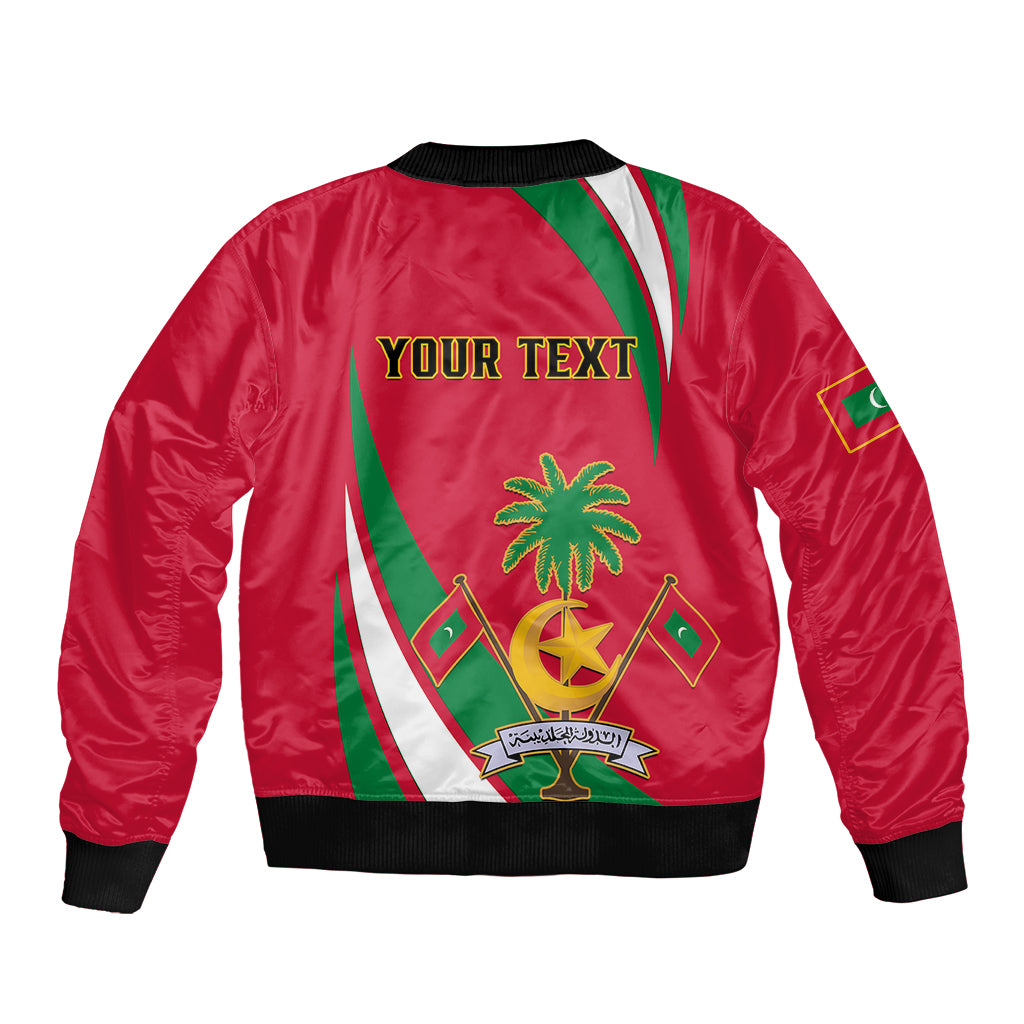 Red unisex bomber jacket with black rib trim and your text back graphic with palm and flag