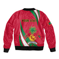 Red unisex bomber jacket with black rib trim and your text back graphic with palm and flag
