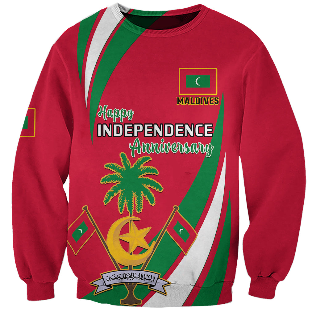 Red unisex sweatshirt with Maldives-themed Independence Day anniversary front graphic