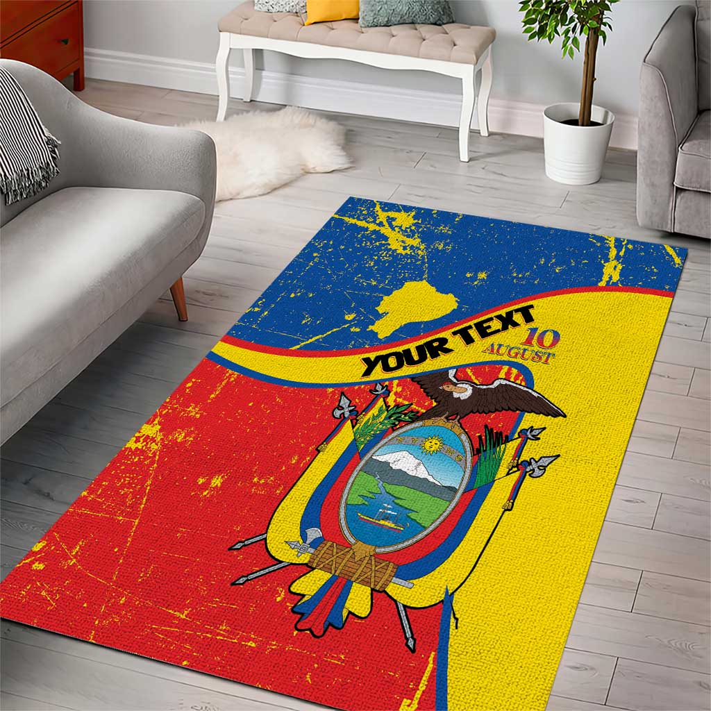 Ecuador independence area rug with coat of arms, grunge flag colors, and 'YOUR TEXT'.