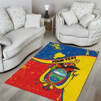 Ecuador coat of arms area rug with 'YOUR TEXT' and '10 August' in red, blue, yellow.