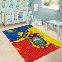 Rectangular Ecuador independence rug with coat of arms graphics in red, blue, and yellow.