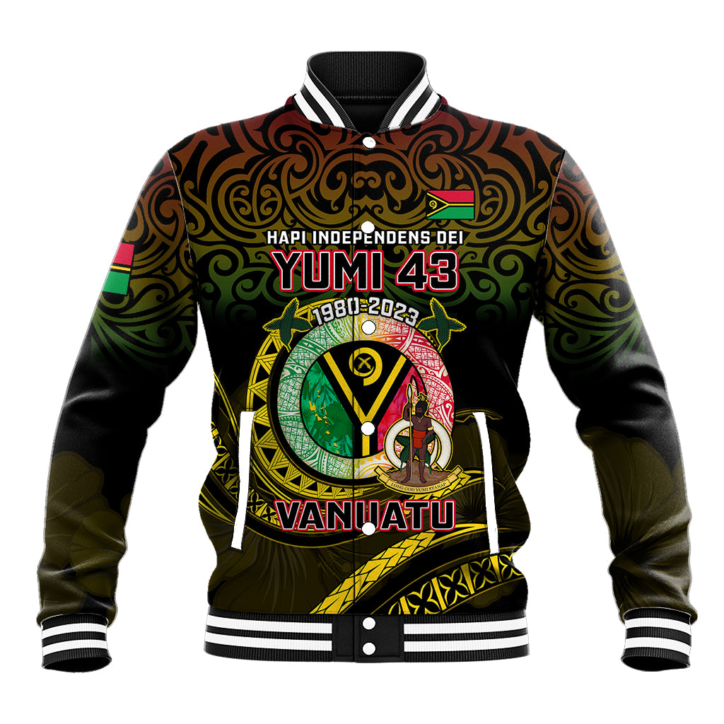 Black baseball varsity jacket with colorful front graphic, striped ribbed collar