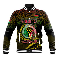 Black baseball varsity jacket with colorful front graphic, striped ribbed collar