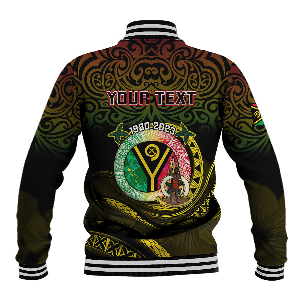 Black baseball varsity jacket with back graphic reading YOUR TEXT, striped cuffs