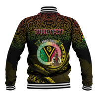 Black baseball varsity jacket with back graphic reading YOUR TEXT, striped cuffs
