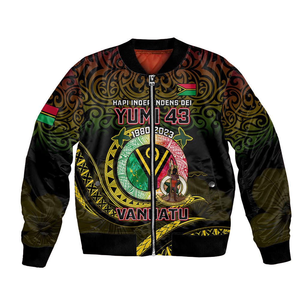 Black unisex bomber jacket with full-zip front and Vanuatu-themed graphic on chest