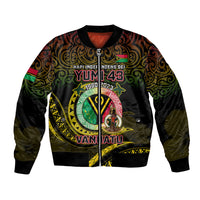 Black unisex bomber jacket with full-zip front and Vanuatu-themed graphic on chest