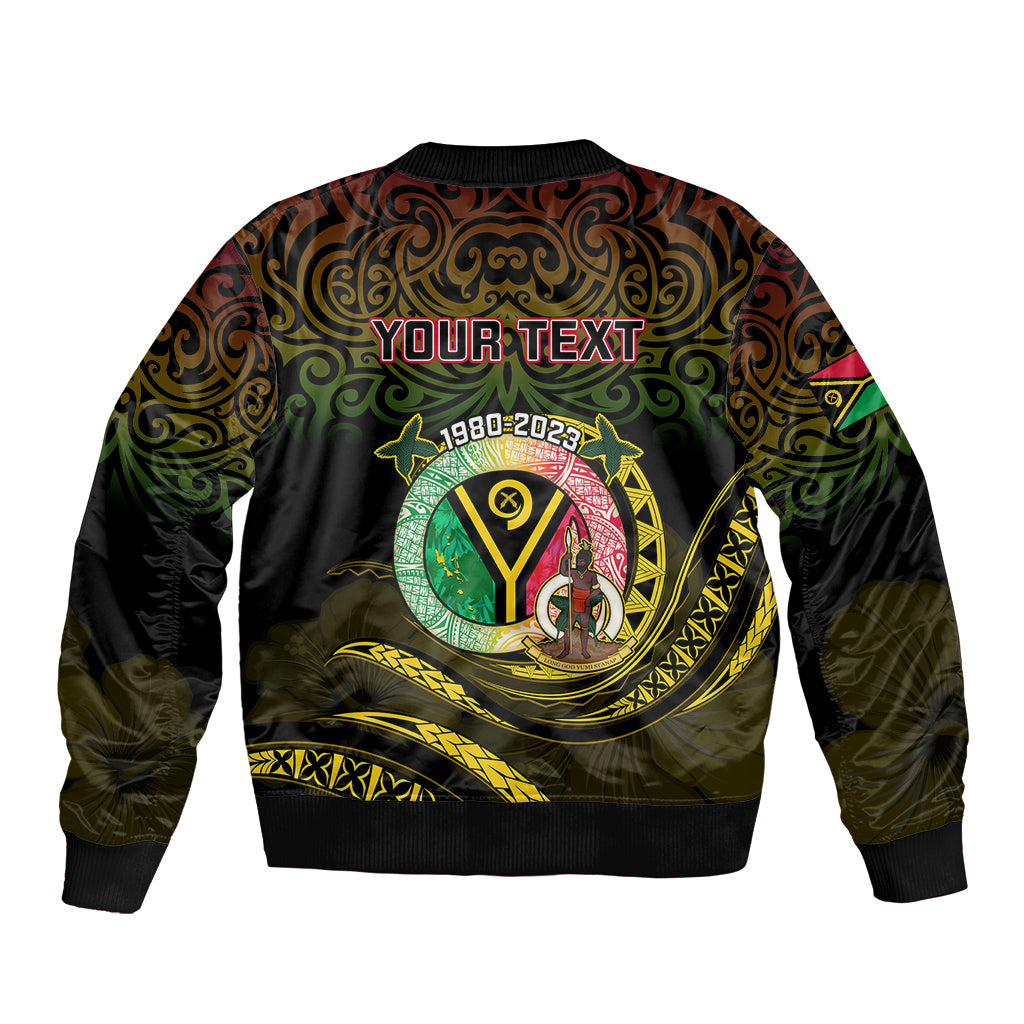 Black unisex bomber jacket with ribbed hem and back graphic reading YOUR TEXT
