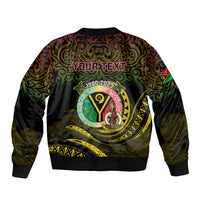 Black unisex bomber jacket with ribbed hem and back graphic reading YOUR TEXT