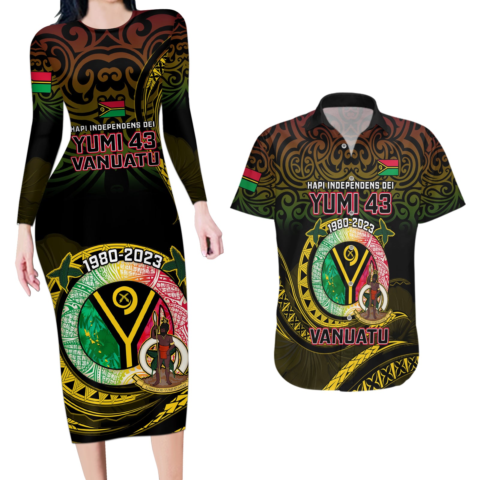 Personalised Vanuatu Couples Matching Long Sleeve Bodycon Dress and Hawaiian Shirt Yumi 43 Hapi Independens Dei Black Version - Wonder Print Shop