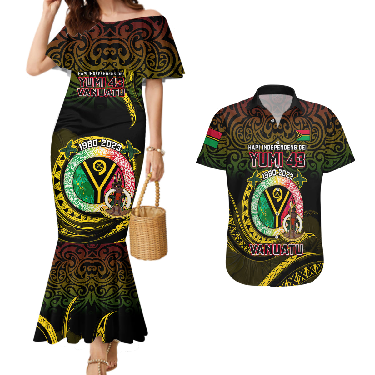 Personalised Vanuatu Couples Matching Mermaid Dress And Hawaiian Shirt Yumi 43 Hapi Independens Dei Black Version - Wonder Print Shop