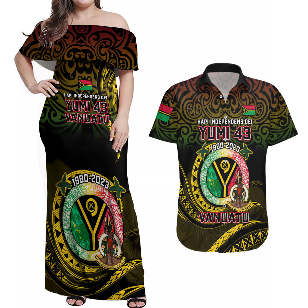 Personalised Vanuatu Couples Matching Off Shoulder Maxi Dress and Hawaiian Shirt Yumi 43 Hapi Independens Dei Black Version - Wonder Print Shop