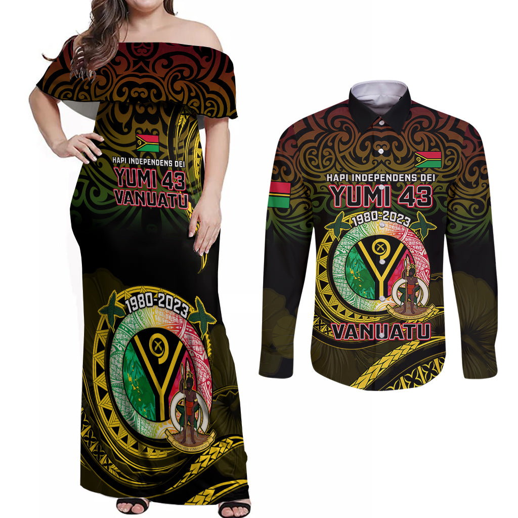 Personalised Vanuatu Couples Matching Off Shoulder Maxi Dress and Long Sleeve Button Shirts Yumi 43 Hapi Independens Dei Black Version - Wonder Print Shop