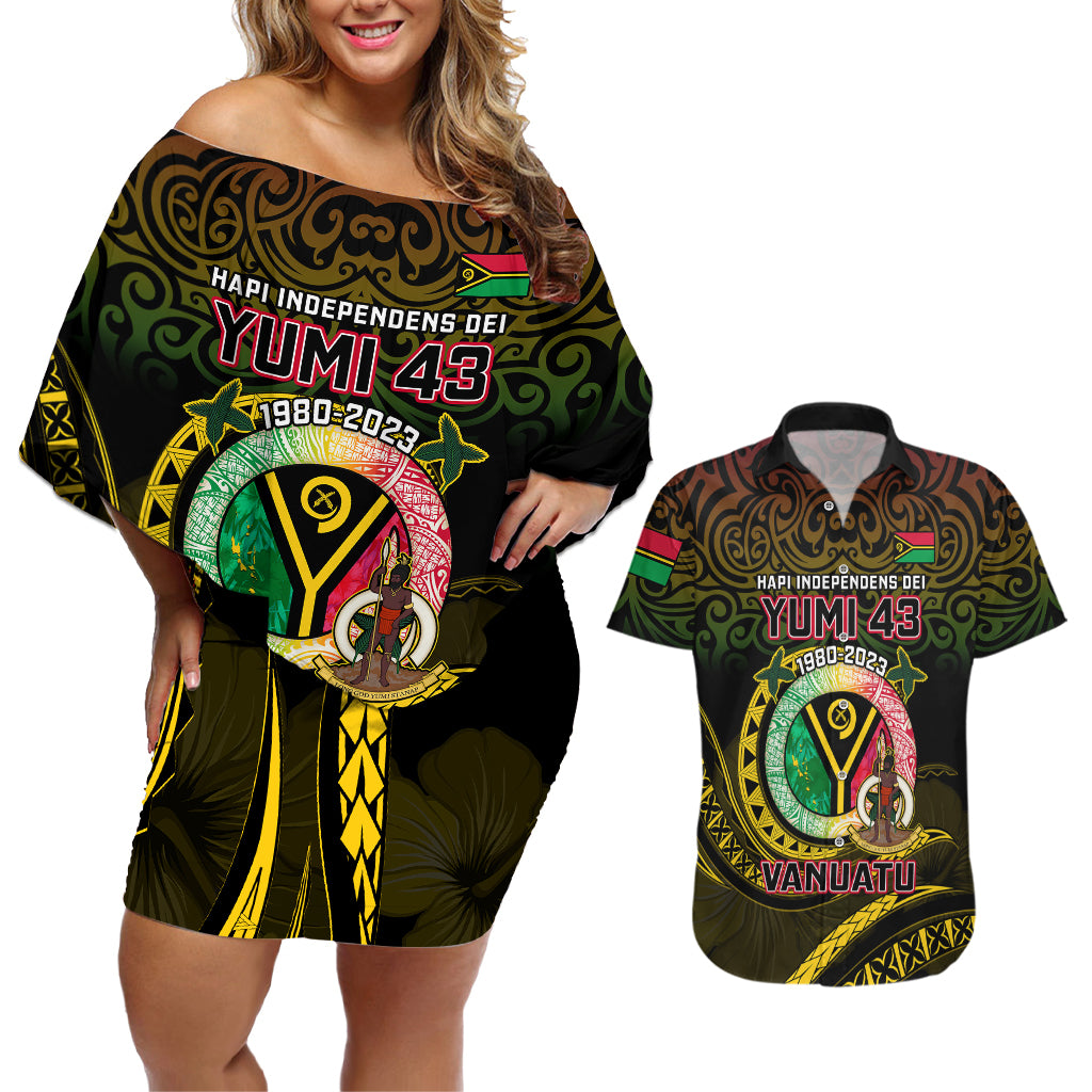 Personalised Vanuatu Couples Matching Off Shoulder Short Dress and Hawaiian Shirt Yumi 43 Hapi Independens Dei Black Version - Wonder Print Shop