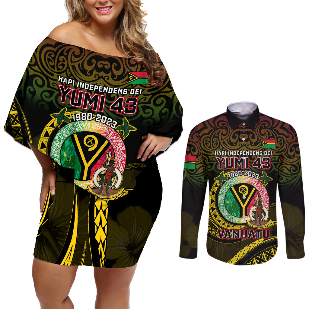 Personalised Vanuatu Couples Matching Off Shoulder Short Dress and Long Sleeve Button Shirts Yumi 43 Hapi Independens Dei Black Version - Wonder Print Shop