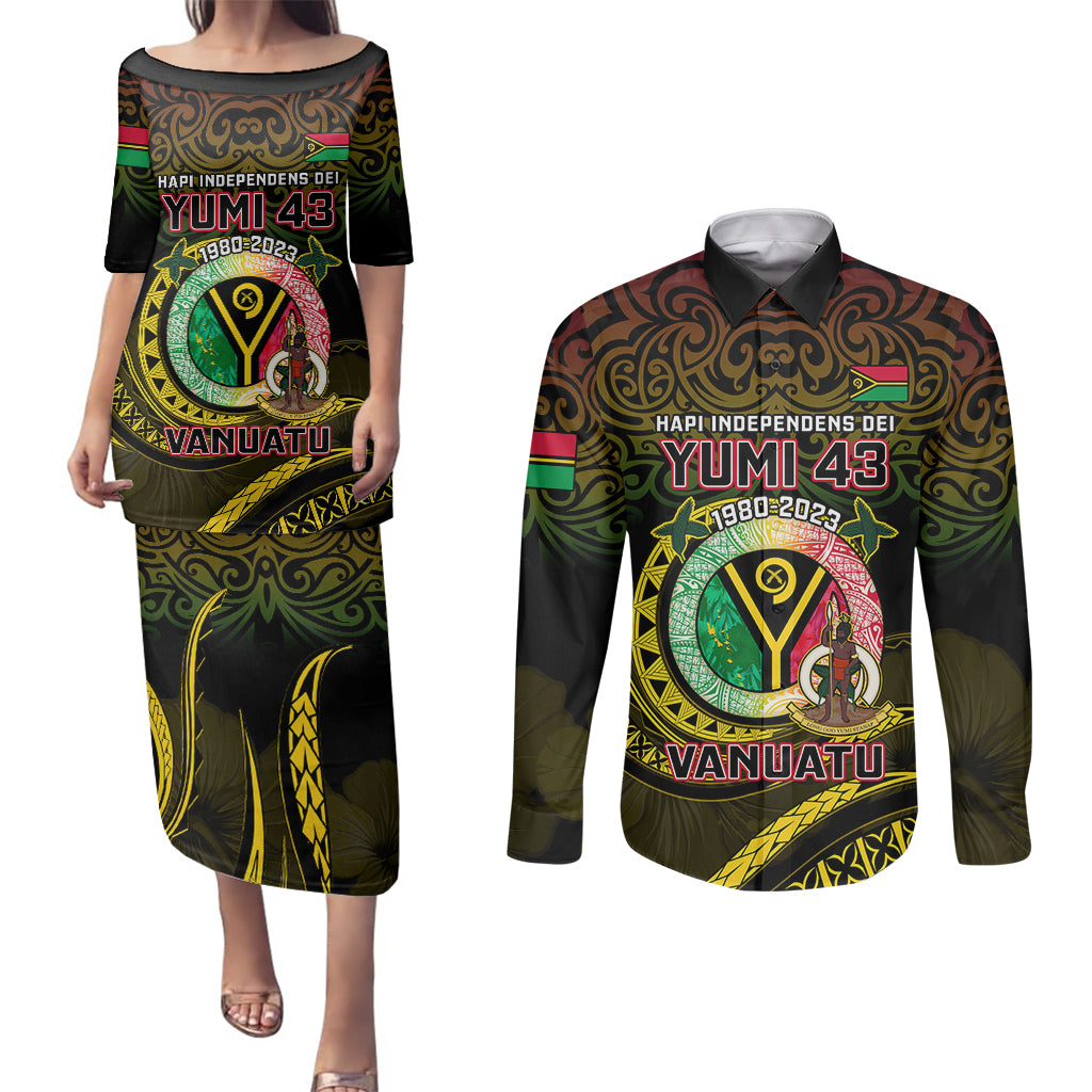 Personalised Vanuatu Couples Matching Puletasi Dress and Long Sleeve Button Shirts Yumi 43 Hapi Independens Dei Black Version - Wonder Print Shop