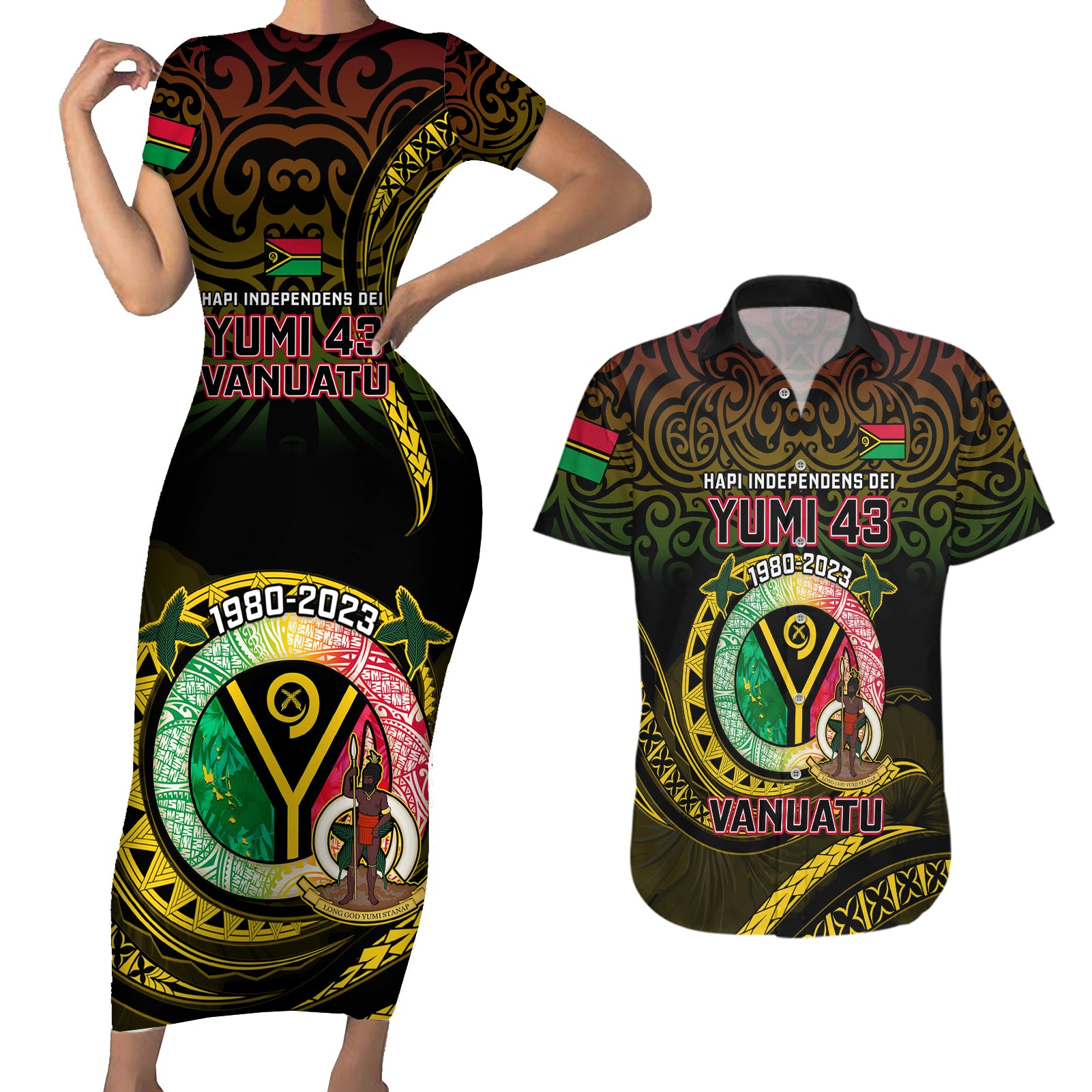 Personalised Vanuatu Couples Matching Short Sleeve Bodycon Dress and Hawaiian Shirt Yumi 43 Hapi Independens Dei Black Version - Wonder Print Shop