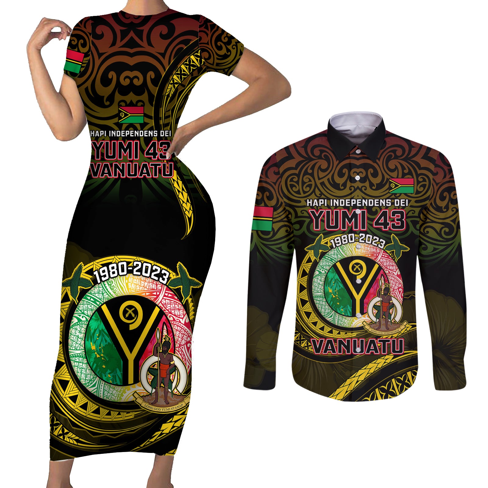 Personalised Vanuatu Couples Matching Short Sleeve Bodycon Dress and Long Sleeve Button Shirts Yumi 43 Hapi Independens Dei Black Version - Wonder Print Shop