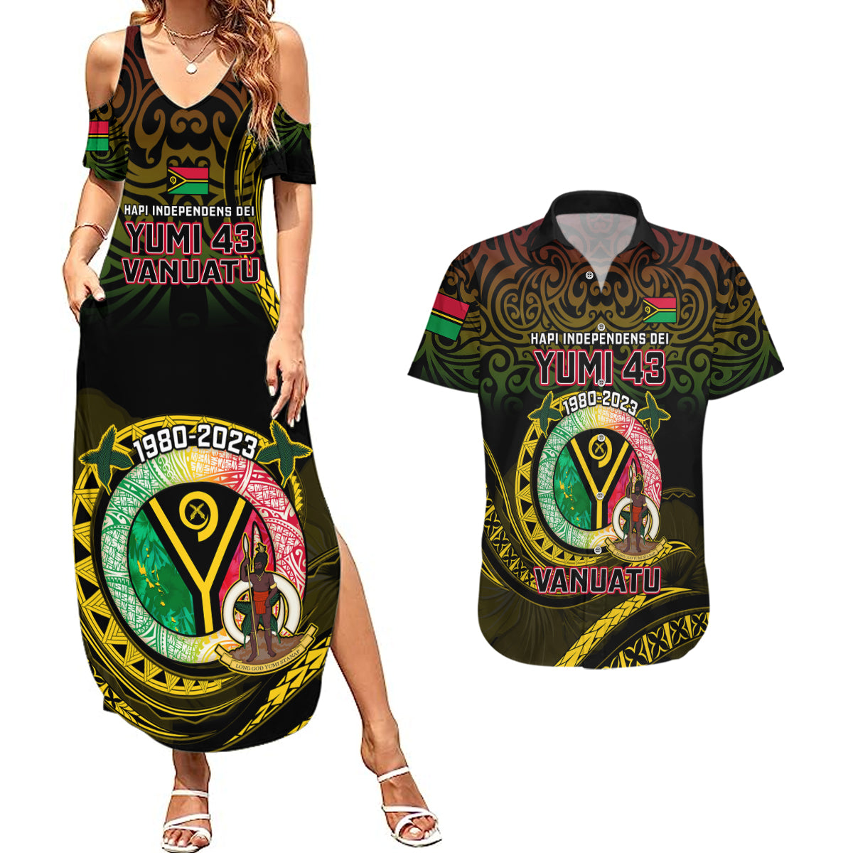 Personalised Vanuatu Couples Matching Summer Maxi Dress and Hawaiian Shirt Yumi 43 Hapi Independens Dei Black Version - Wonder Print Shop