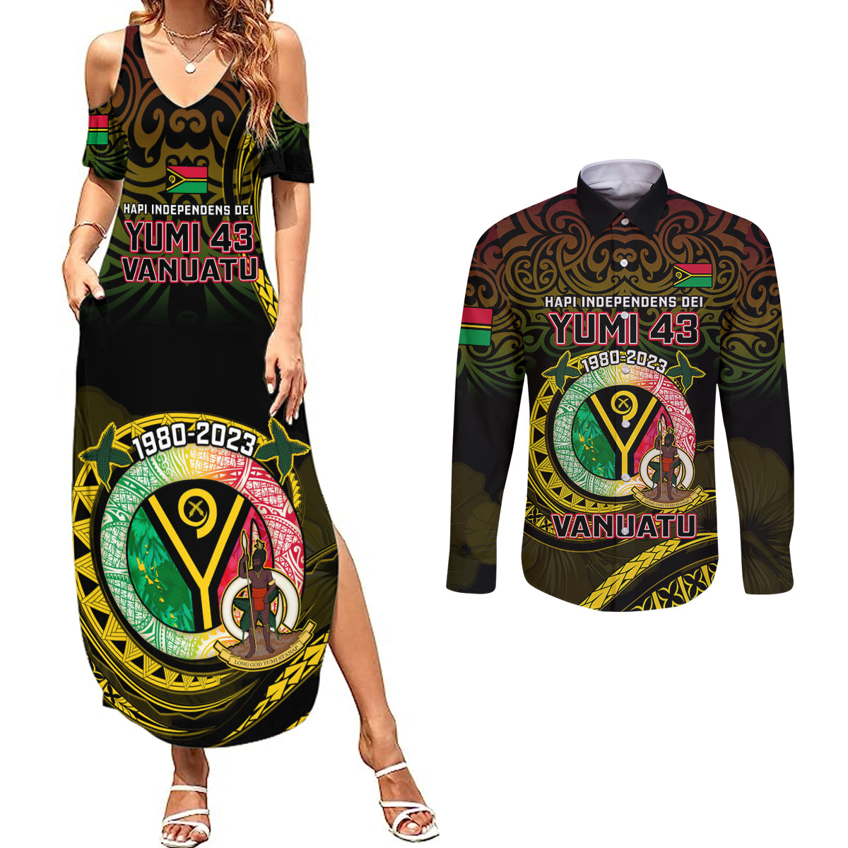 Personalised Vanuatu Couples Matching Summer Maxi Dress and Long Sleeve Button Shirts Yumi 43 Hapi Independens Dei Black Version - Wonder Print Shop