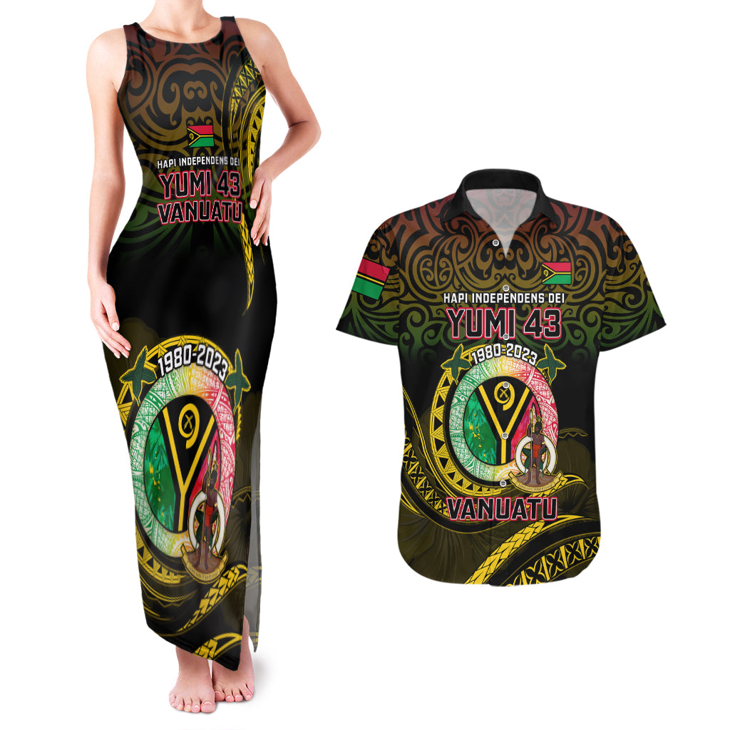 Personalised Vanuatu Couples Matching Tank Maxi Dress And Hawaiian Shirt Yumi 43 Hapi Independens Dei Black Version - Wonder Print Shop