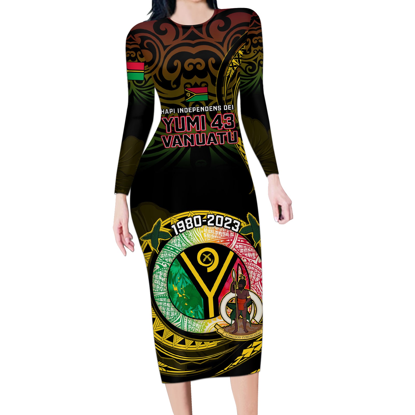 Personalised Vanuatu Long Sleeve Bodycon Dress Yumi 43 Hapi Independens Dei Black Version - Wonder Print Shop