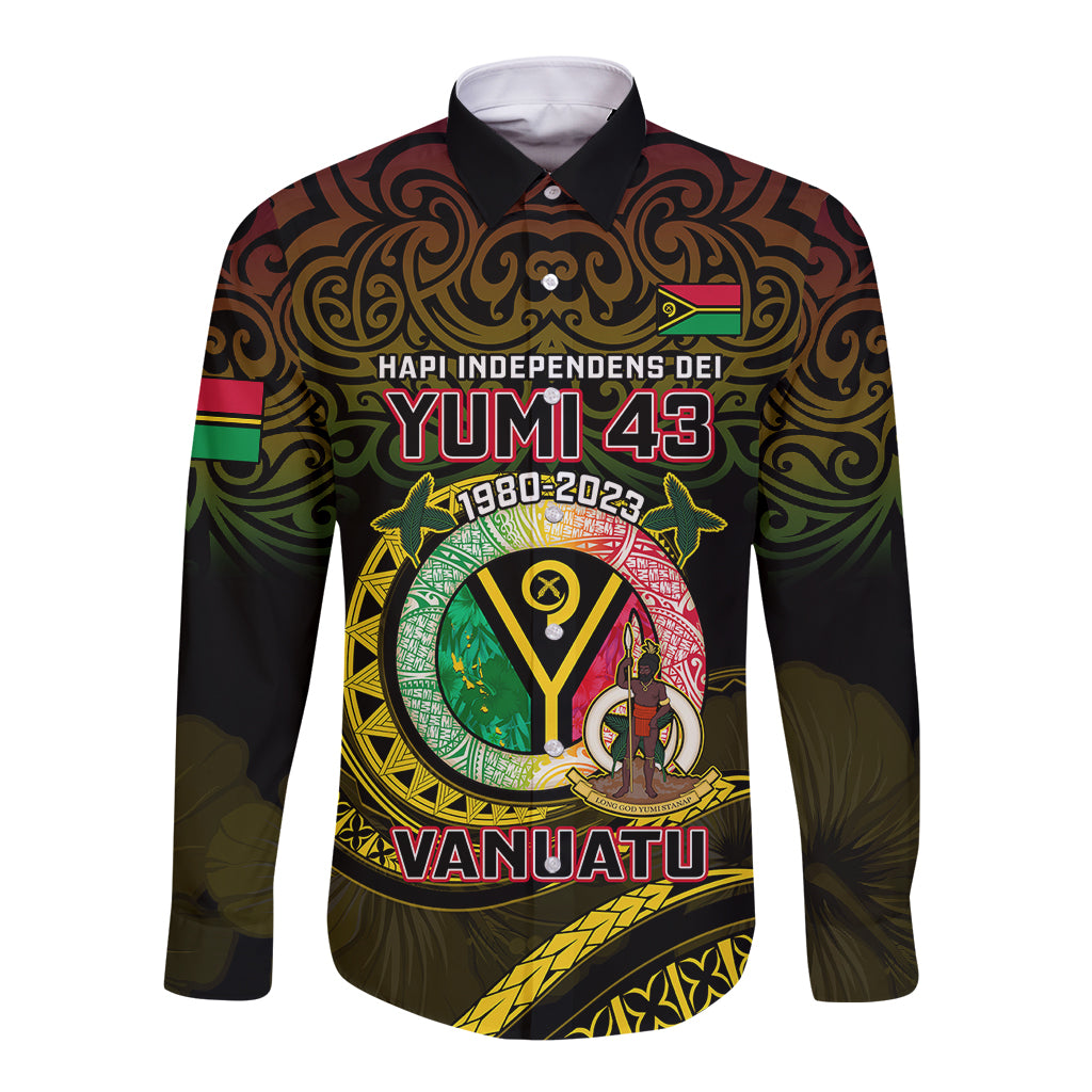 Black long sleeve button shirt with front Vanuatu crest and Yumi 43 artwork